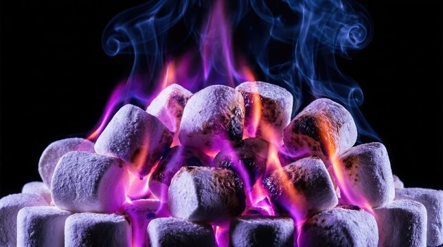Intense purple flames rising from burning charcoal briquettes.