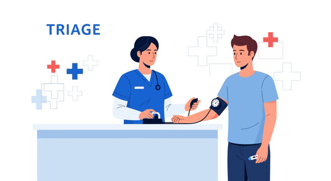 Nurse checks patient's blood pressure at hospital triage desk, medical consultation