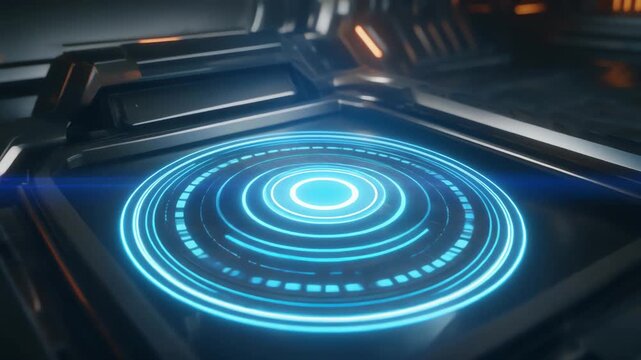 Glowing blue circular holographic interface on a metallic high-tech pedestal in a futuristic digital laboratory environment