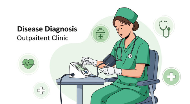Nurse checks patient's blood pressure in outpatient clinic, disease diagnosis concept