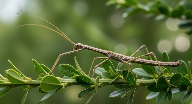 A detailed closeup of a brown stick insect resting on green leaves