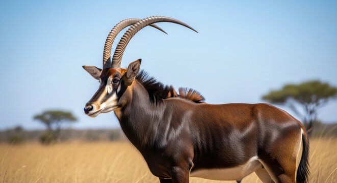 A majestic sable antelope standing in the African savannah grasslands