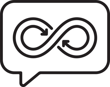 Minimalist speech bubble icon with a looped arrow symbol inside a white dialogue frame for process-oriented design work.