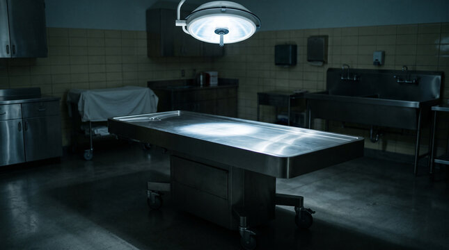 Mortuary Room Ambiance: A stark and somber scene unfolds within a mortuary examination room, featuring a stainless steel autopsy table illuminated by a surgical lamp.