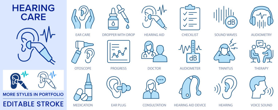 Hearing care and audiometry icons in a two-color line style. This symbol set includes elements for ear protection, hearing aid and sound testing elements and more. Editable stroke.