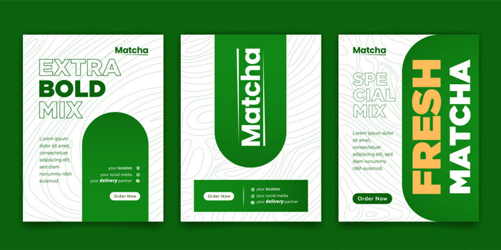 Set of social media post template in white and green background for matcha drink advertisement