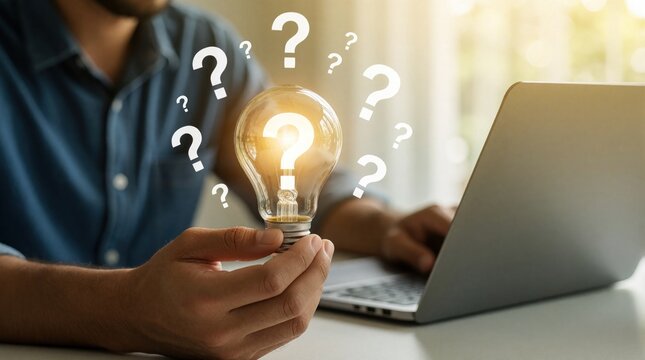 Man sits at desk with laptop holding glowing light bulb. Flying question marks surround lamp. Person seeks business solution creative idea. Pro expert works on computer search project. Digital worker