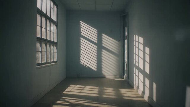 Sunlight filtering through blinds creates dramatic shadows on the walls and floor of an empty hallway