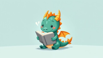 Small cute green dragon reads open book sitting on floor. Happy mythical baby creature smiles holding story volume. Tiny fantasy monster character orange horns, wings. Artistic educational drawing © Pete