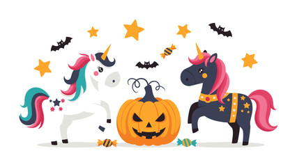 Halloween Unicorns and Pumpkin: Whimsical unicorns adorned with colorful manes and festive Halloween costumes pose around a jack-o'-lantern, surrounded by stars and bats. © abidakhatun