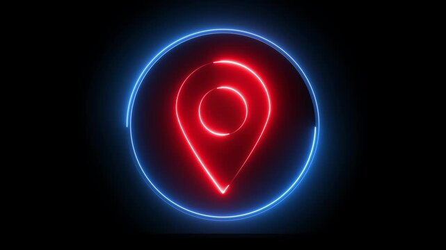 Glowing neon red and blue color location map sign icon animation position tracking direction address tags journey place navigation icon sign symbol on black background