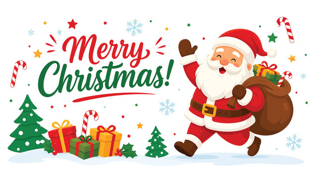 Merry christmas greeting illustration with santa claus carrying gift sack and decorated pine trees christmas holidays greeting celebration presents decorations seasonal illustration character