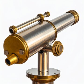 Vintage-style refracting telescope with a polished silver barrel, brass accents, and a side-mounted finderscope on a white background