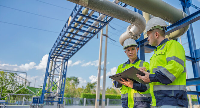 Industry specialists inspect massive piping at a gas-fired power plant integrated with a petroleum and oil refinery complex, focusing on maintenance for energy generation safety and efficiency.
