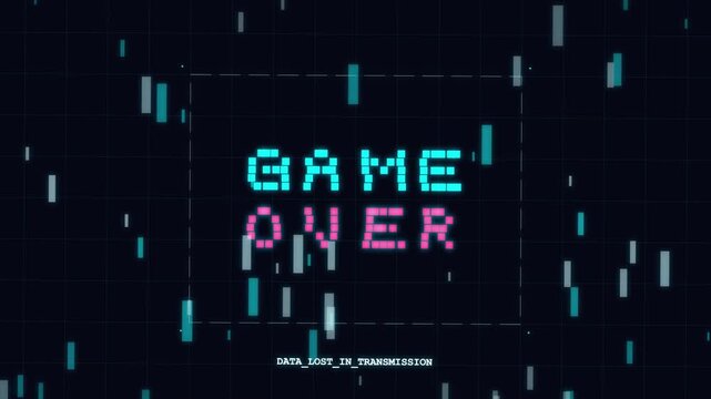 Glitchy Game Over text animation with digital data transmission effect