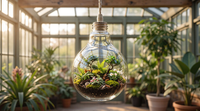 Glass lightbulb greenhouse terrarium with thriving plants symbolizing sustainable innovation and green living