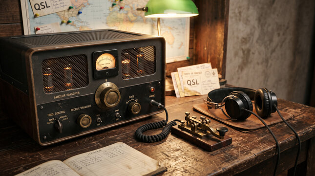Vintage Radio Communication Station: A nostalgic setup featuring a vintage radio receiver, headphones, and Morse code key, evoking an era of amateur radio enthusiasts and historical communication.