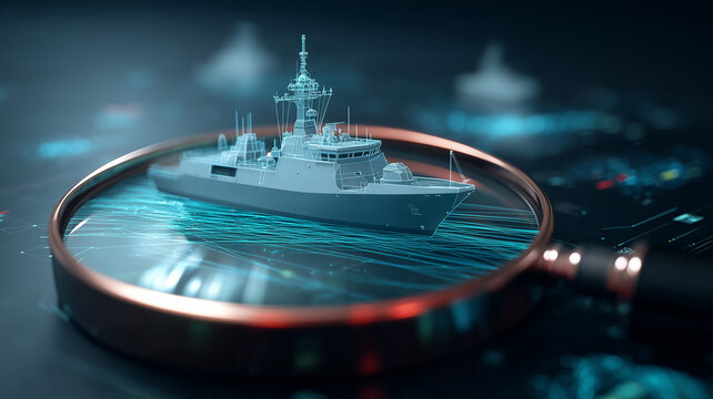 A naval warship displayed beneath a magnifying glass on a digital interface, representing maritime inspection