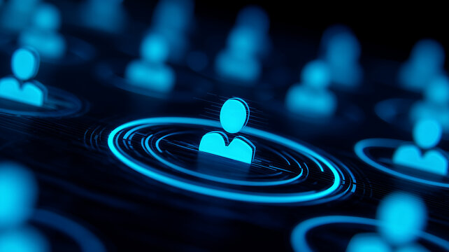 A central person icon highlighted among connected user profiles, representing customer segmentation