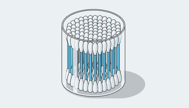 Clear cylindrical glass jar filled with blue plastic cotton swabs or cotton buds on a clean light grey background.