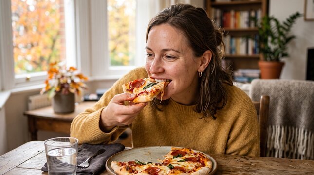 Woman enjoying a delicious slice of pepperoni pizza at a wooden table