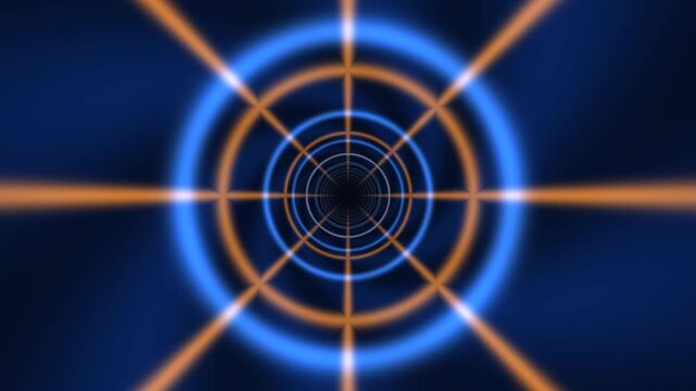 Colorful light tunnel with circles and rays in dark background