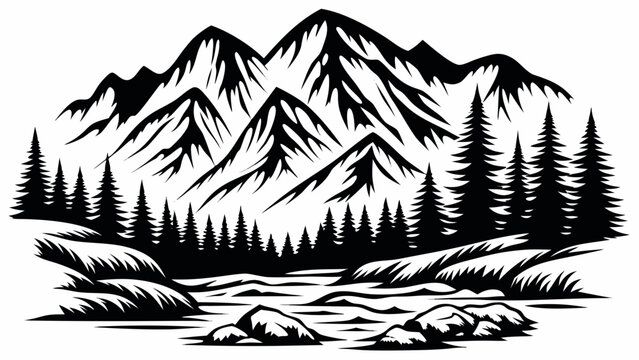Mountain forest silhouette a bold black and white graphic depiction of peaks and evergreen trees alpine aspen