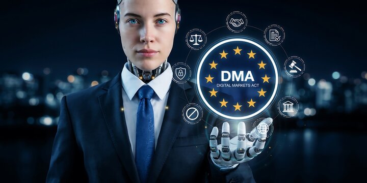 Business professional presenting dma compliance concept with european digital marketing regulation