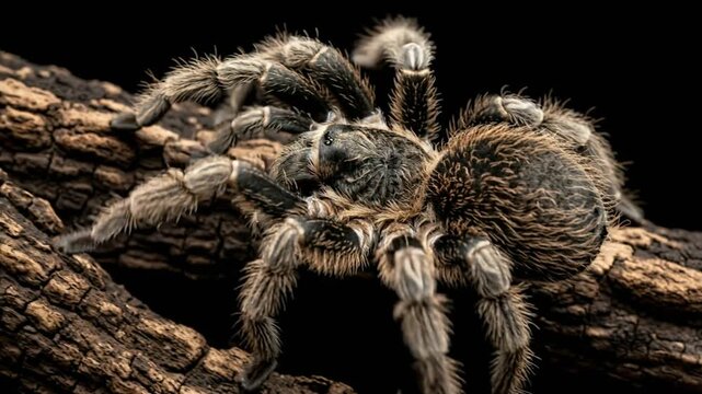 curly hair tarantula isolated on black background close up video