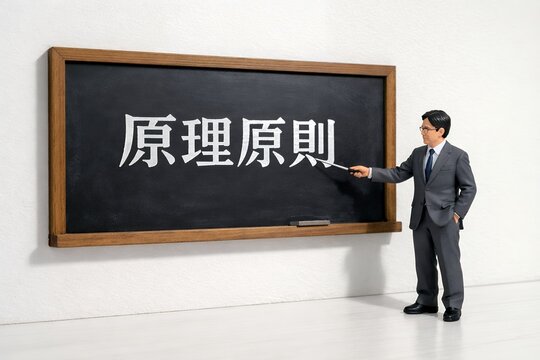 黒板の原理原則をフィギュアが説明するビジネスイメージ