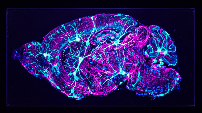 Microscopic view of a mouse brain slice with fluorescent neuronal network.
