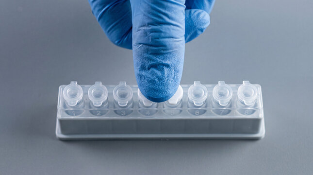 A scientist wearing blue nitrile gloves pressing a cap on a PCR tube strip.