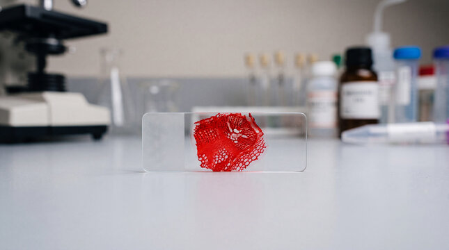 A single bright red crystal resting on a white laboratory table.