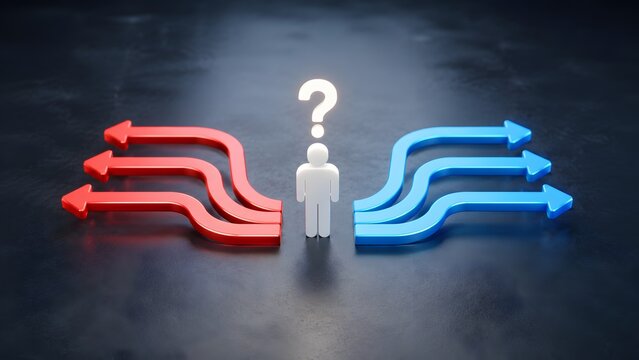 Conceptual human figure with glowing question mark facing multiple red and blue directional arrows representing business choices