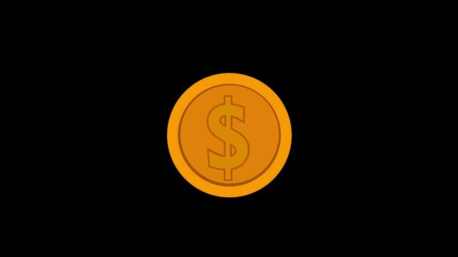 Animation video of gold yellow dollar coin isolated on black