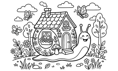 Cute Fantasy Snail House Character Coloring Page Vector