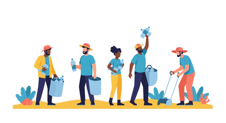 Fototapeta premium Diverse Group of Volunteers Cleaning Up Plastic Waste on the Beach - Flat Vector Illustration of Environmental Protection and Ocean Sustainability Concept