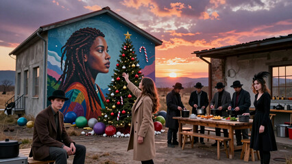 Fototapeta premium Diverse Group Celebrating Holiday Under Sunset Mural