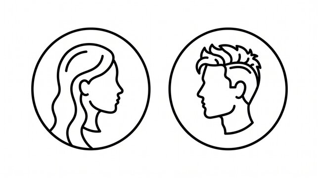 A stylish hair salon outline icon pack presents detailed female and male profile portraits with fashionable hair cuts.