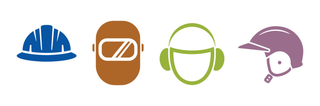 A Set of Icons Representing Personal Protective Equipment PPE Including Hard Hats, Welding Mask, Face Shield, Earmuffs, Industrial Construction Safety, and Vector Illustration.