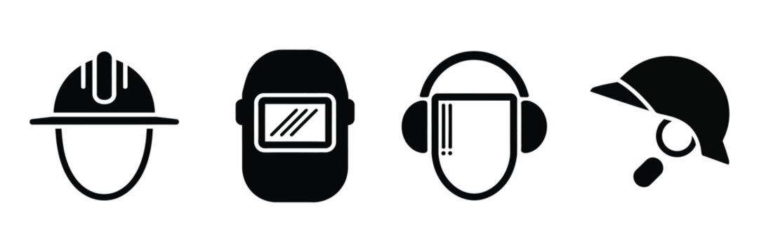 A Set of Icons Representing Personal Protective Equipment PPE with Hard Hats, Welding Mask, Face Shield, Earmuffs, Workplace Protection Symbols, and Vector Illustration.
