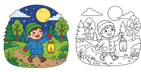 Fototapeta premium Cute Boy Exploring Forest at Night with Lantern