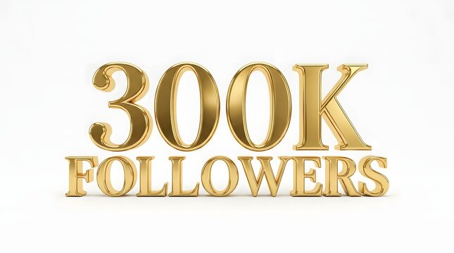 300k followers celebration golden 3d typography on white background