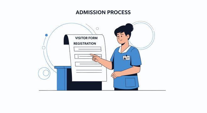 Nurse assisting with visitor registration form for hospital admission process