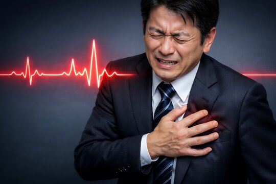 突然の胸痛に顔を歪めるビジネスマンの男性