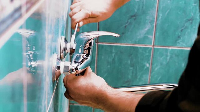 man doing DIY home renovation acts as a handyman, using a wrench for a faucet replacement. The homeowner tackles plumbing repairs in a green tiled bathroom. High quality 4k footage