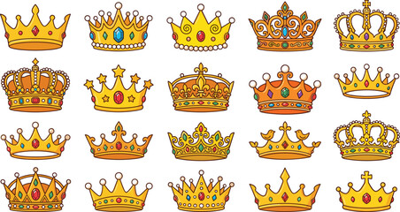 Golden royal crown vector set featuring luxury king and queen tiaras with colorful gems isolated on a flat white background © Shefali