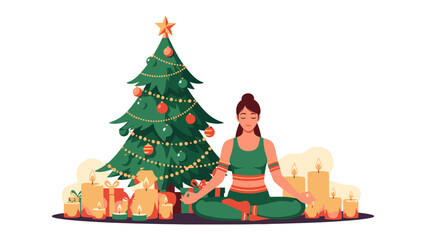 Fototapeta premium Christmas Zen: A woman meditates peacefully in a lotus position beside a decorated Christmas tree, surrounded by festive gifts and glowing candles, embodying tranquility amidst holiday cheer.
