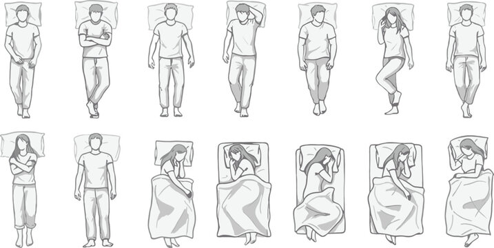 Diverse Sleeping Positions Illustrated In A Simple Line Art Style On White Background Keywords: sleeping, sleep, position, pose, person