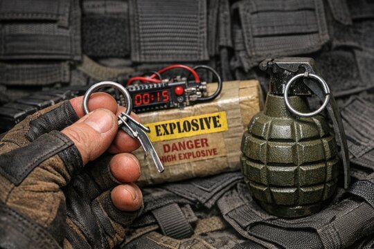 A hand holds a keychain next to a hand grenade, conveying a sense of caution and awareness